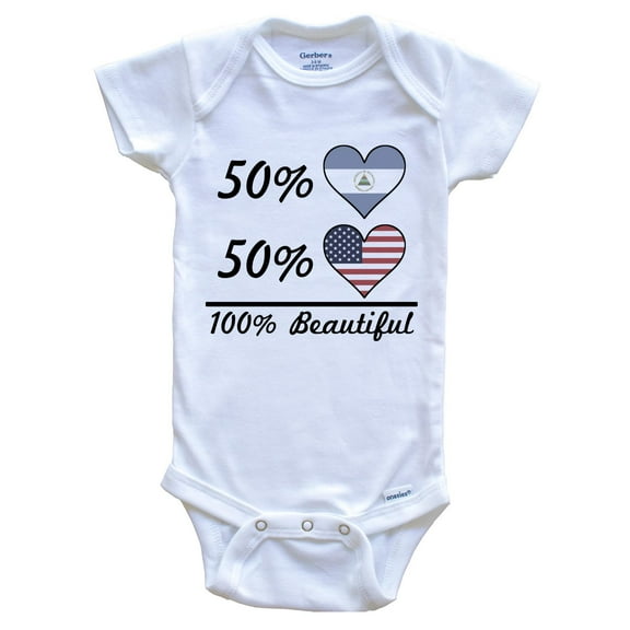 50% Nicaraguan 50% American 100% Beautiful Nicaragua Flag Heart Baby Bodysuit, 0-3 Months White