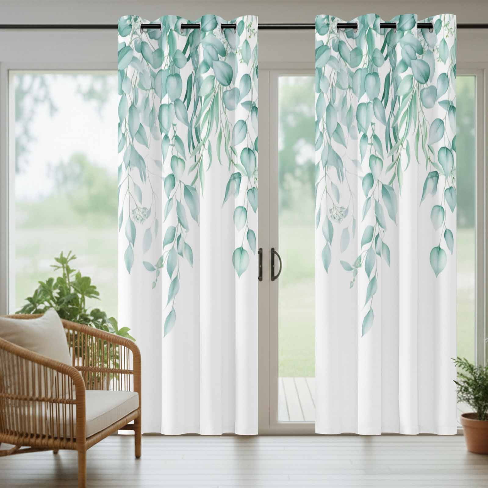 Green Leaf Outdoor Curtains for Patio, Eucalyptus Leaves Spring Plant Farmhouses Waterproof Outside Curtains Privacy Blackout Curtain for Porch Pergola Cabana, 1 Panel 54W x 108L Inch