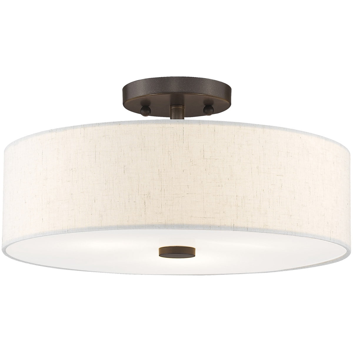 3 Light English Bronze Ceiling Light fixture with Hand Crafted Oatmeal Color Fabric Hardback Shade