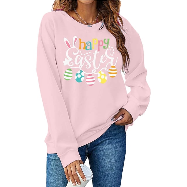 EGNMCR Easter T-Shirt Imprimé Graphique pour Femmes T-Shirts Printemps et Été Col Rond Easter Imprimé Chandail en Molleton Ample Manches Longues Chandail en Molleton Sans Capuche T-Shirts pour Femmes