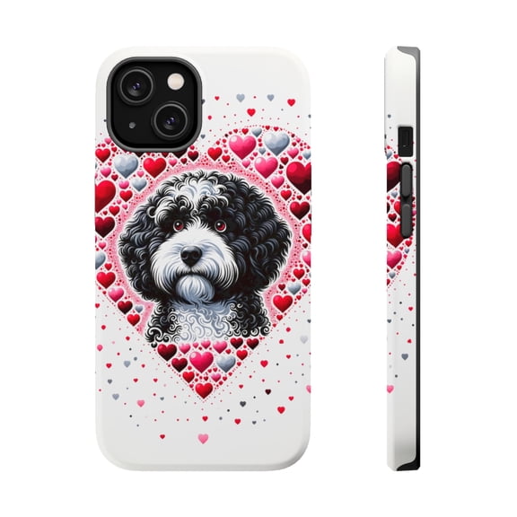 DistinctInk Tough Case for Apple iPhone 13 MINI (5.4" Screen), Compatible with MagSafe Charging - Valentine's Day Portuguese Water Dog