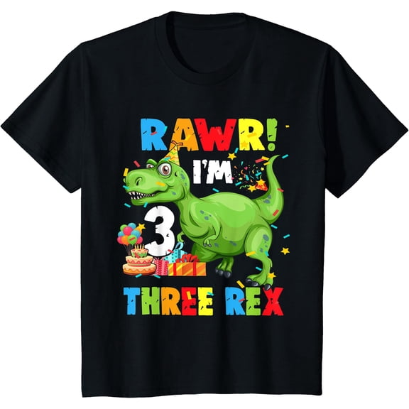 Kids Three Rex Birthday Party Outfit Dinosaur 3 Year Old Boy T-Shirt