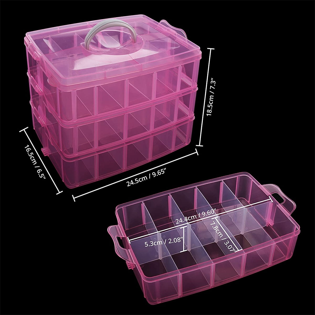 Casewin 3-Layer Things & Crafts Storage Box with 30 Adjustable Compartments for Organizing Tape, Embroidery Accessories, Threads Bobbins, Kids Toy, Beauty Supplies, Nail Polish, Jewelry - Large