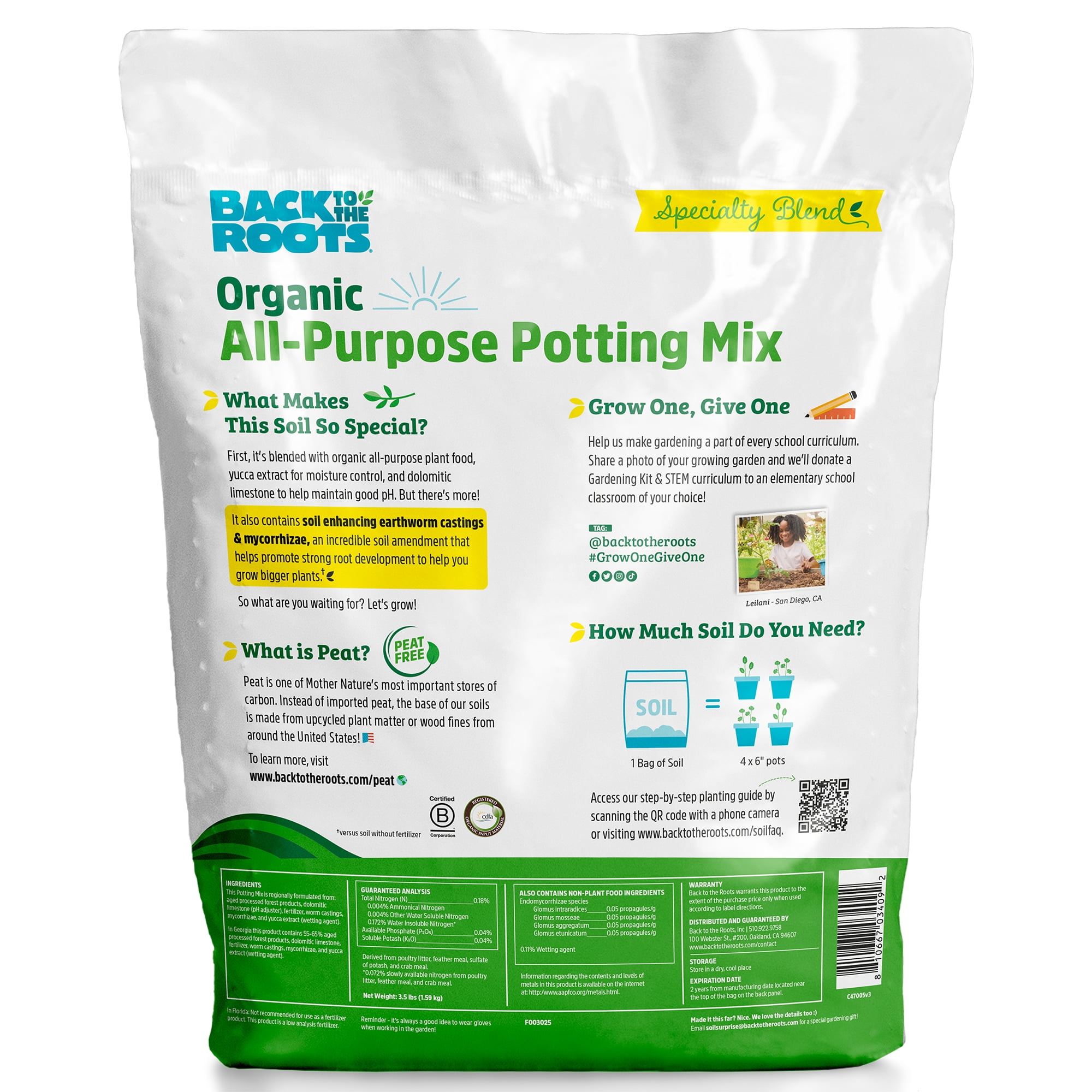 Back to the Roots Organic All-Purpose, Peat-Free Premium Potting Mix (6 QT)