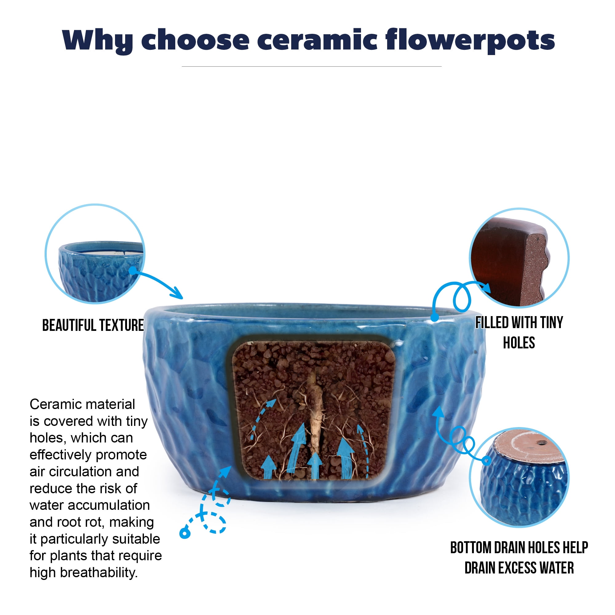Leumius Set of 3 Handmade Ceramic Planter, 15"/12"/10" Diameter, Cobalt Blue Hammered Texture, for Succulents & Violets, Indoor/Outdoor Use on Windowsill & Bookshelf Blue