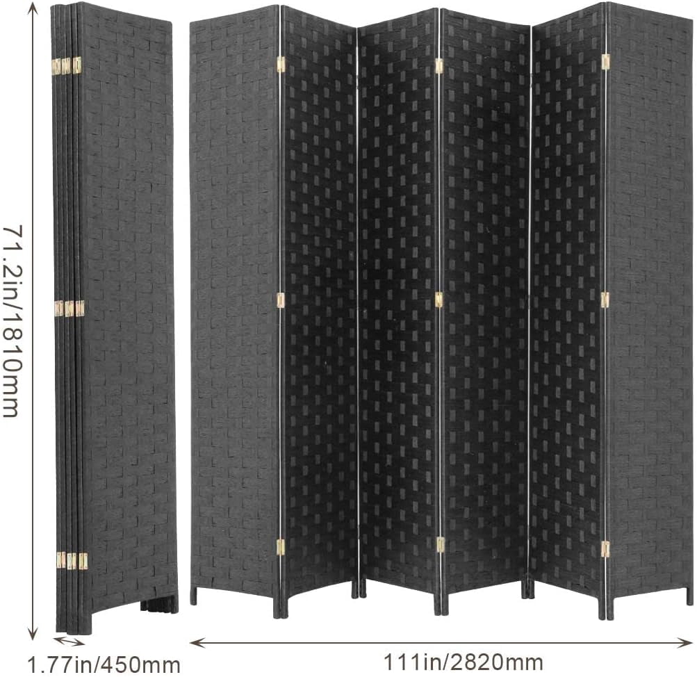 Dkelincs Wood Room Dividers 6 Panels Portable Folding Partition Screen Wood Mesh Woven Design Wall Divider(Black)