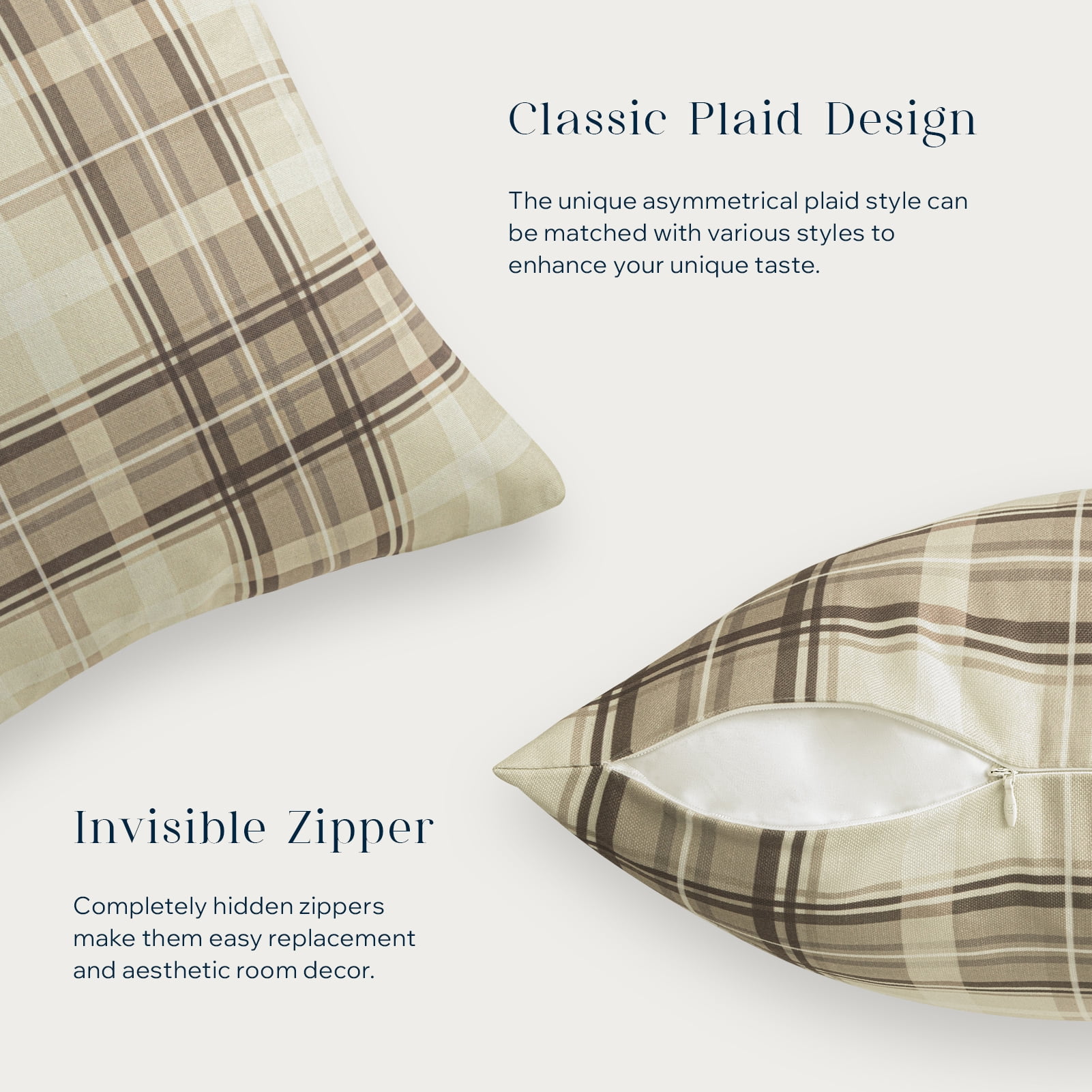 Phantoscope Buffalo Plaid Decorative Throw Pillows with Inserts, Double-Sided Printed Checkered Design, 12 x 20 in, Beige, 2 Pack