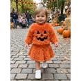 thumbnail image 4 of RUINIXCW Kids Girl Halloween Outfit Smiling Eyelashes Embroidery Long Sleeves Plush Sweatshirt and Mini Skirt 2 Pcs Set, 4 of 7