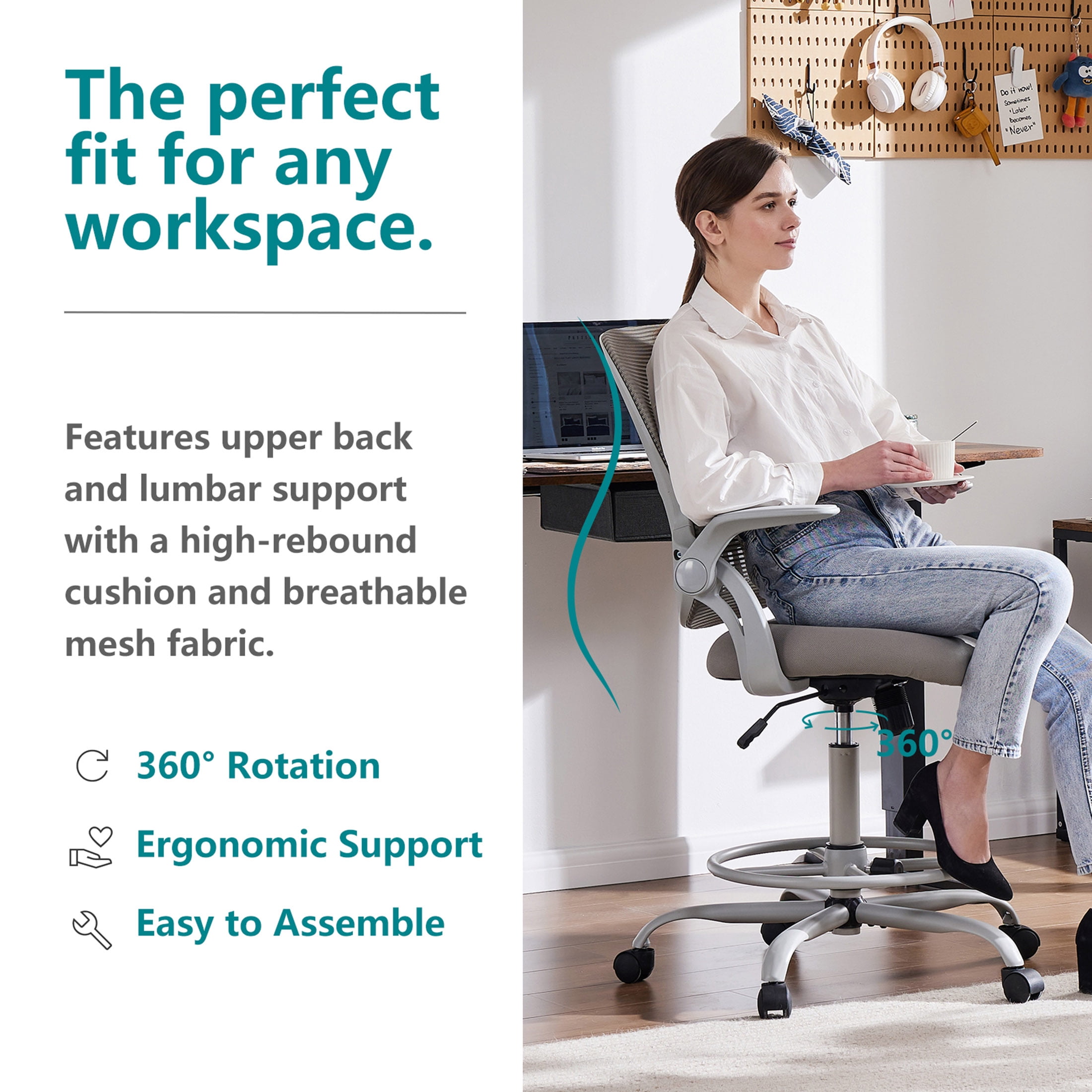 JOINSUN Home Office Desk Chair, Ergonomic Mid Back with Adjustable Height, Lumbar Support, Gray