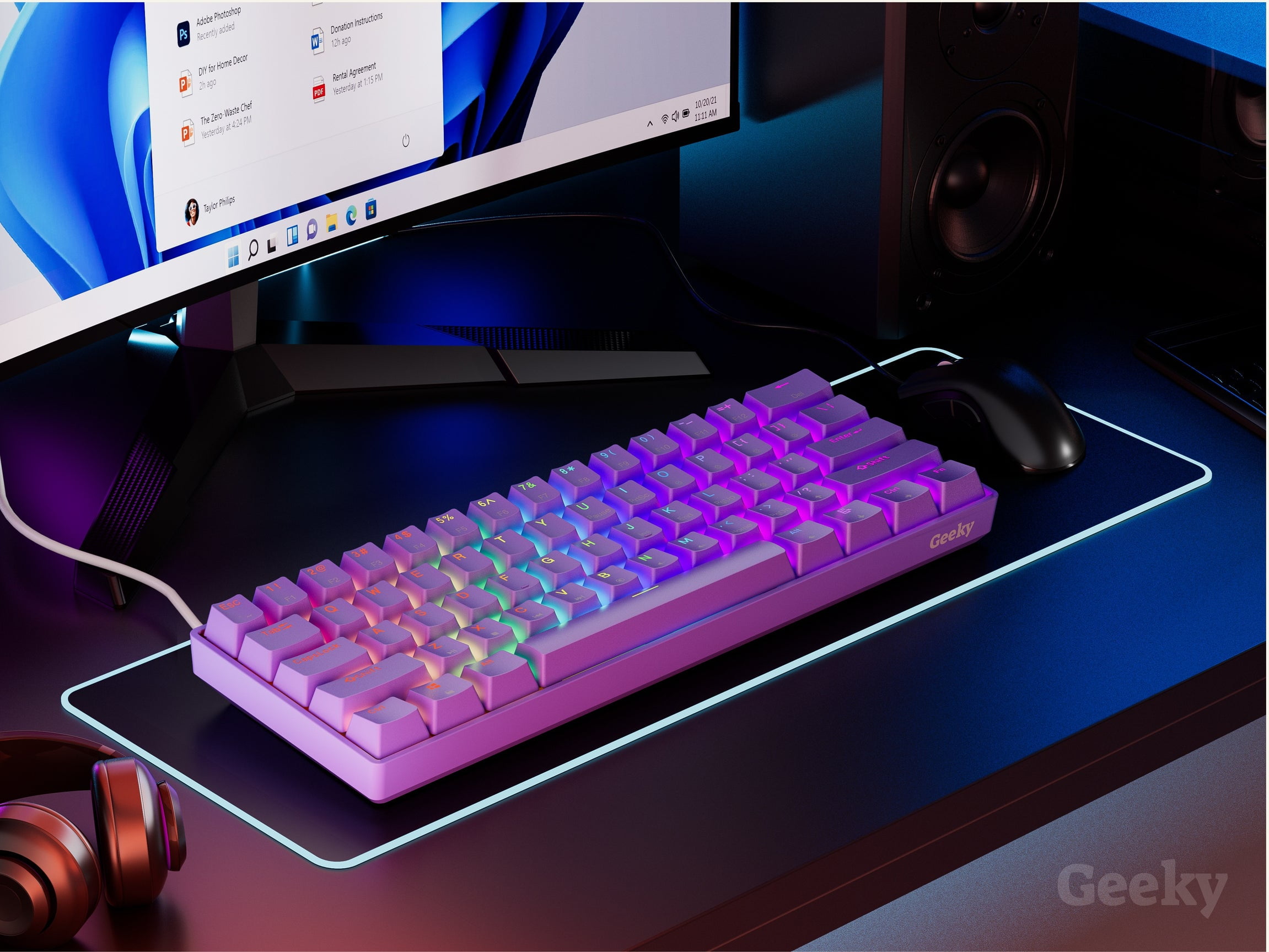 Geeky GK61 SE 60% | Mechanical Gaming Keyboard | 61 Keys Multi Color RGB LED Backlit for PC / Mac Gamer | ANSI US American Layout ( Lavender , Mechanical Red )