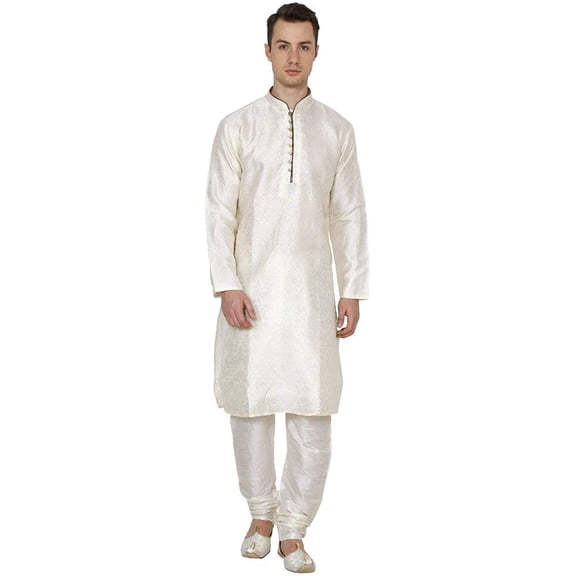 Royal Kurta Men's Jacquard Silk Printed Kurta Churidar Cream