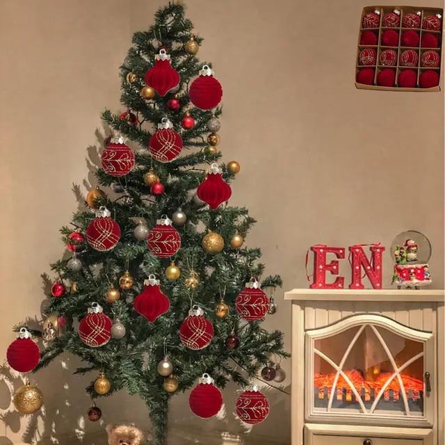 Feltree Christmas Decorations 16 Piece Flocked Christmas Balls Christmas Decoration SetMultiple Styles of Christmas Tree Decorations Can Also Be Used for Other Party