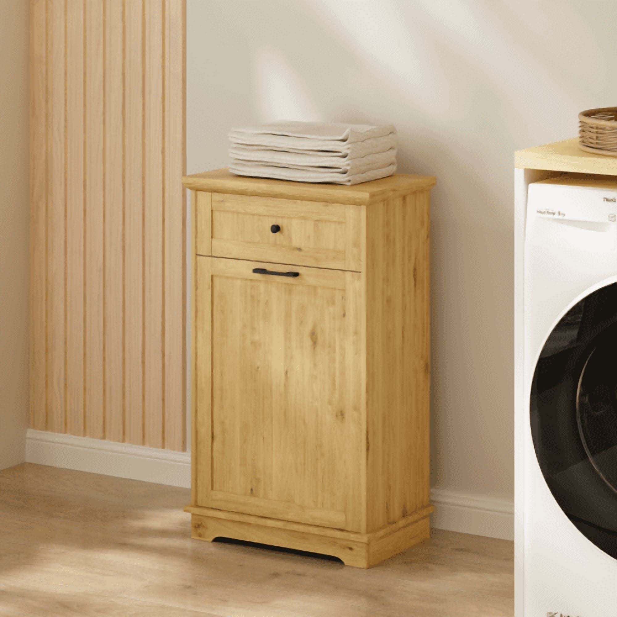 10 Gallon Tilt Out Trash Cabinet, Freestanding Wooden Garbage Recycling Bin with Hideaway Drawer, Pet Proof Trash Can Holder for Kitchen Living Room, Natural (Trash Can Not Included)