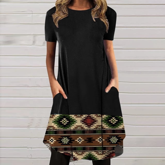 SMihono Robe d'Été Boho pour Femmes Grande Taille Mode Femmes Décontractée Col Rond Imprimé Manches Courtes Robe avec Poche