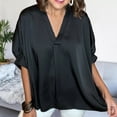 thumbnail image 3 of sunsanly Women Summer Casual Shirt V-neck Puff Short Sleeve Pullover Tops Solid Color Pocket Loose Fit Shirt Workwear, 3 of 7