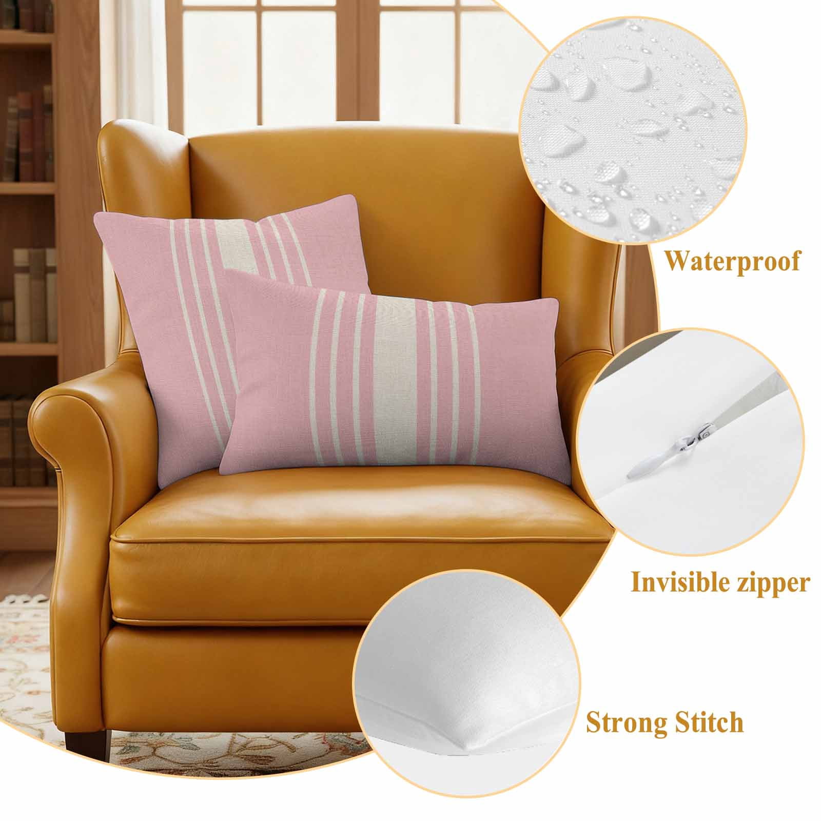 Pink Beige Striped Outdoor Waterproof Pillow Covers, Modern Farmhouse Retro Lines Decorative Square Throw Pillowcase Sofa Cushion Sham for Patio/Couch/Chair, 26"x26" 2 Pack