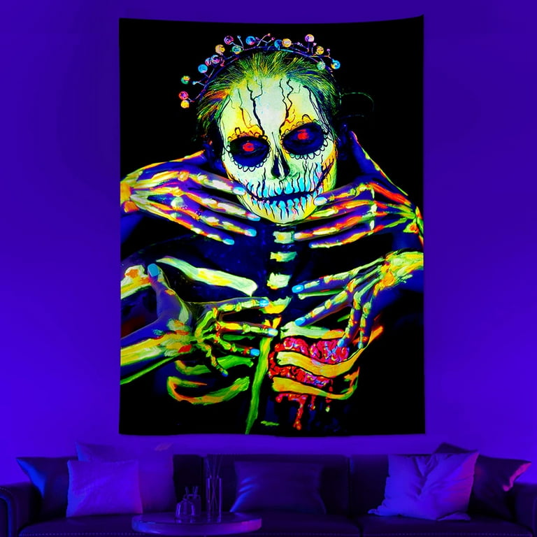 Blacklight Skull Tapestry, Colorful Cool Tapestries Glow in the Dark Party,  UV Reactive Black Light Tapestries Posters Wall Hanging for Bedroom