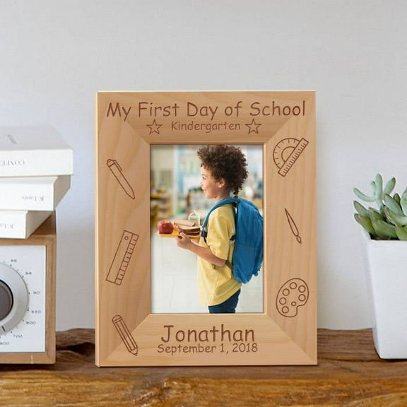 My First Day of School Personalized Wooden Picture Frame 3 1/2" x 5" Brown (Vertical)