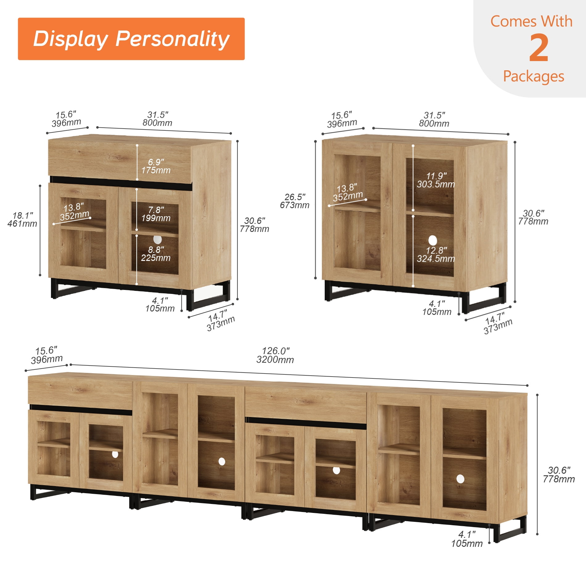 4 In 1 Multifunctional Sideboard Buffet Cabinets With Glass Doors And 2 Drawers, Modern Sideboard Credenza With Adjustable Shelf And Metal Base for Living Room, Kitchen,Oak