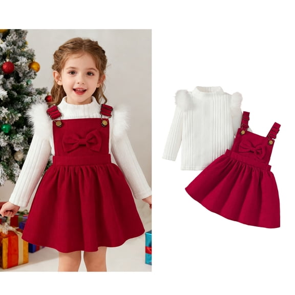 Toddler Girl Christmas Outfit Long Sleeve Ribbed Top Overall Dress 2 Piece Set Holiday Dresses for Girls 3-4 Years