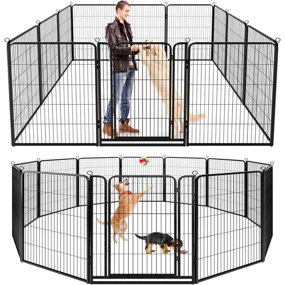 Dog Playpen Outdoor Extra Wide 12 Piece Panels Heavy Duty Dog Fence 47" Height Anti-Rust with Doors Portable for RV Camping Yard, Total 32FT, 79 Sq.ft, Snowy Black