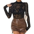 thumbnail image 4 of Lace Mesh Sheer Long Sleeve Tops for Women Neck Ted See Through Tee Going Out Fitted Tight T Shirts Blouses M, 4 of 7