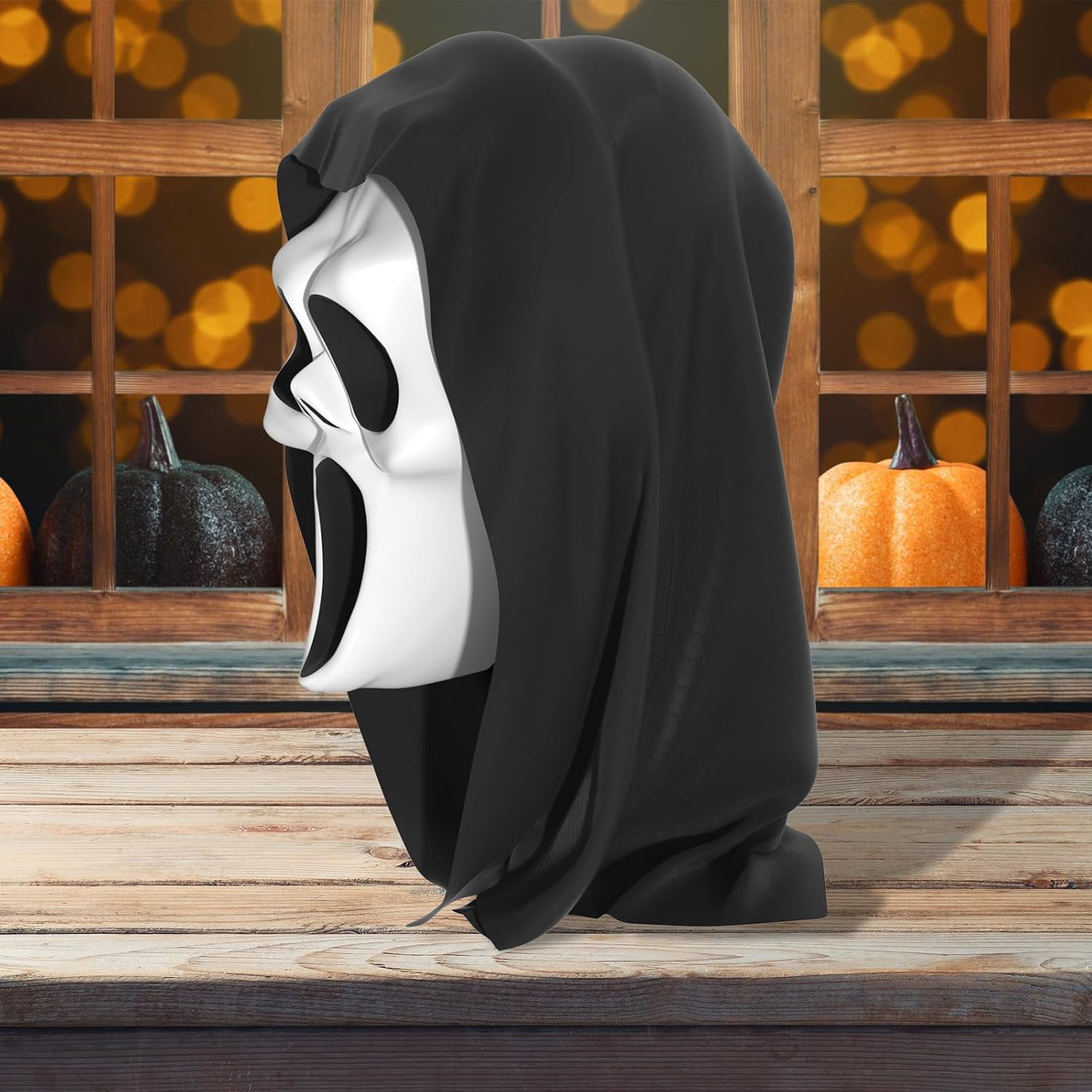 Guvpev Ghost Face Mask, Halloween Costume Mask with Black Stretch Hood, Full Head Horror Cosplay Costume Dress-Up Prop for Halloween Party Decoration