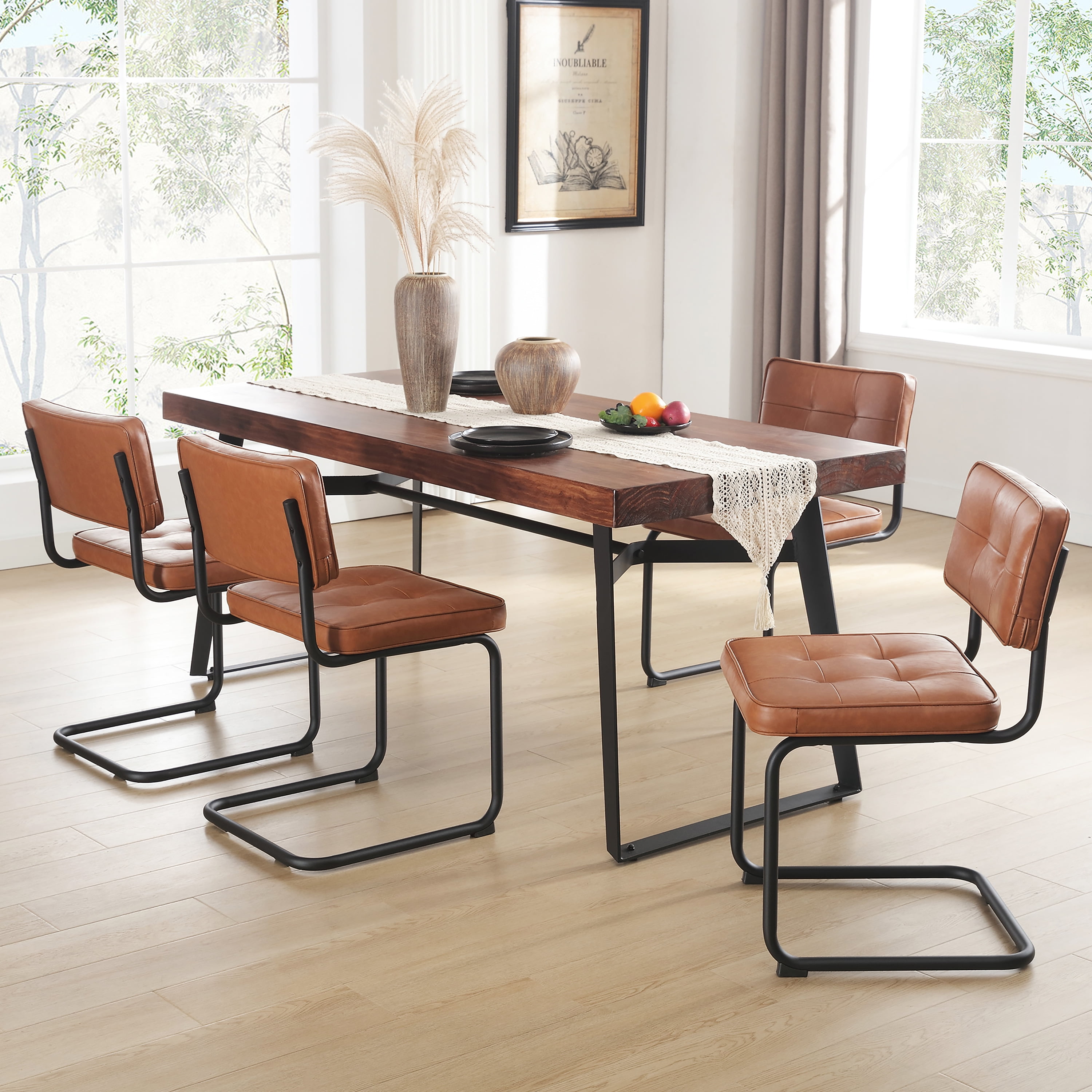 ONEVOG 19.3'' Mid-Century Modern Dining Chairs Set of 2, Faux Leather Cantilever Kitchen Chairs with Matt Black Legs for Kitchen Dining room, Brown
