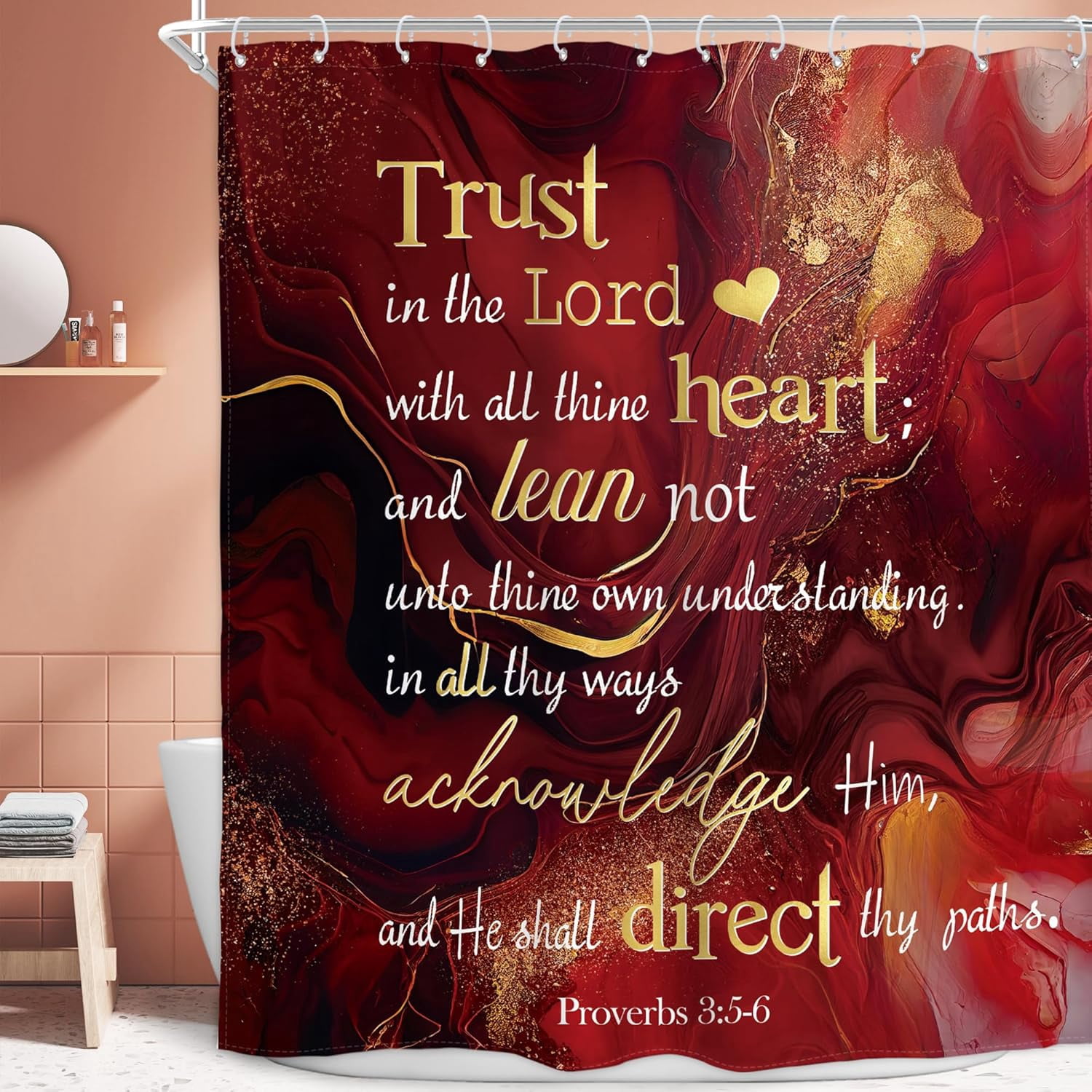 Burgundy Red Marble Bible Verse Shower Curtain Scripture Inspirational Quotes Abstract Modern Ombre Luxury Golden Cracked Lines Waterproof Polyester Fabric Bathroom Bathtub