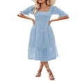 thumbnail image 1 of Women Dress Square Neck Short Puff Sleeve Ruffled Backless Swiss Dot Sundress, 1 of 6