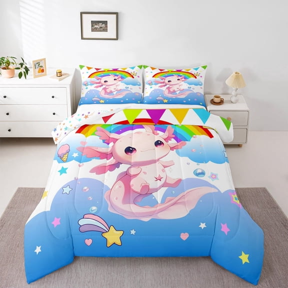Erosebridal Kawaii Axolotl Comforter Sets Twin Size,Magic Animal Comforters & Duvets,Rainbow Stars Triangle Bedding Twin Comforter Set For Girls,Microfiber Bedroom Decoration Reversible,2-Piece