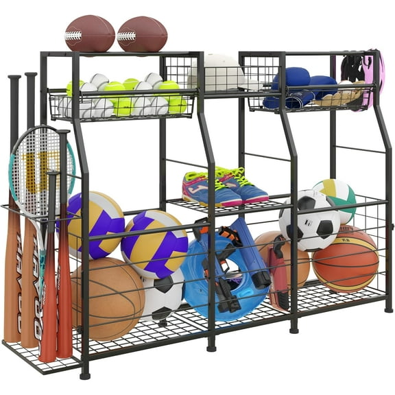 Garage Sports Equipment Organizer with Wheels - Ball Storage Rack with Elastic Rope or Wire Mesh,Garage Organizer System,Indoor/Outdoor Sports Rack for Sports Gear and Toys Storage,Black