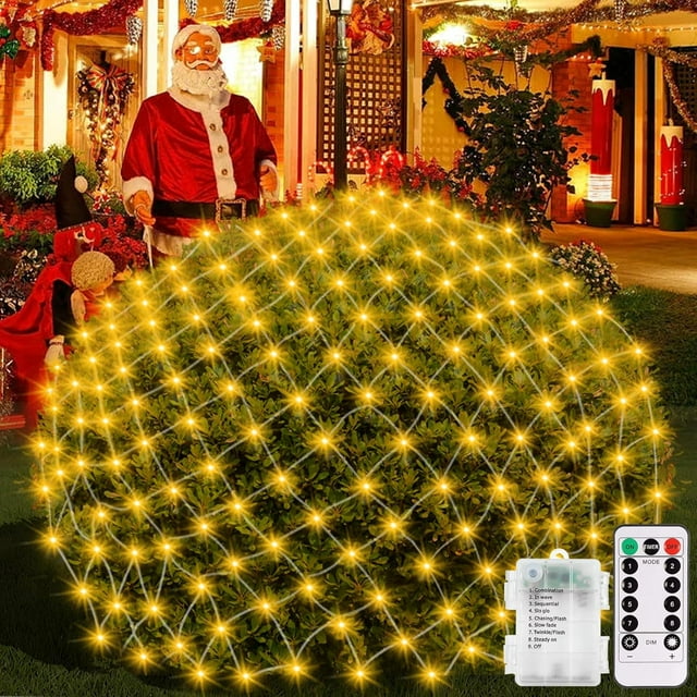 5 x 5Ft Christmas Net Lights Battery Powered 100 LED Bushes Net Lights with Remote Timer Dimmable Outdoor Net Light Waterproof for Xmas Tree Wall Ceiling Outside Decorations(Warm White)