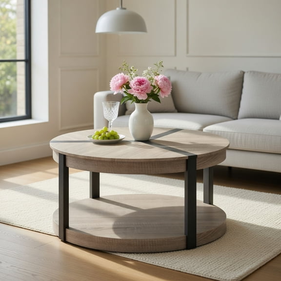 GVN Round Center Table with 34.5 Inch Diameter, 2-Tier Spacious Tabletop and Storage Shelf for Living Room, Lounge Coffee Table, Gray