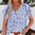 thumbnail image 3 of Blusa floral de manga corta con cuello en V y estampado de flores para mujer Camisa holgada informal elegante para mujer para verano Azul S, 3 of 5