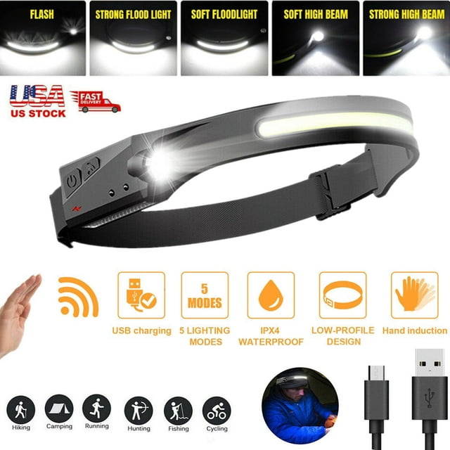 Lampe Frontale LED Rechargeable 230° avec Détecteur de Mouvement Léger Résistant aux Intempéries pour la Randonnée en Camping