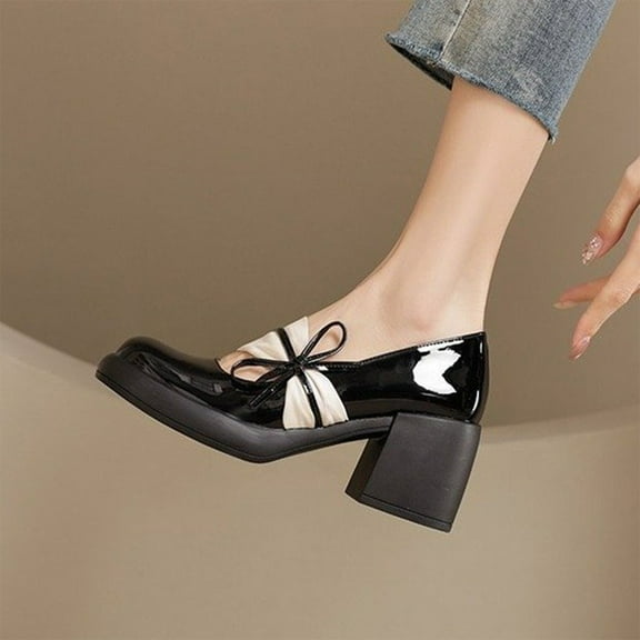 Weloille Chunky Heel Patent Leather Casual Single Shoes Fashionable And Elegant Women's Lace Flowers Bow High Heels Round Toe Patent Leather High Heels