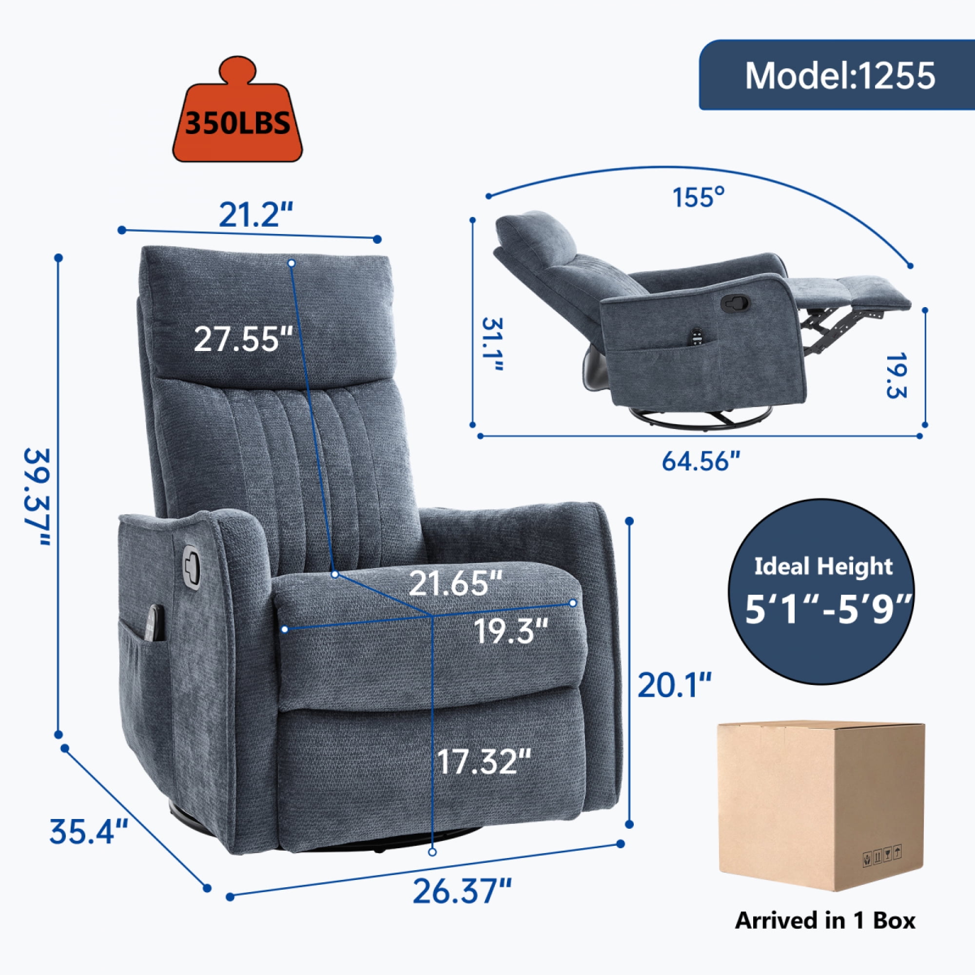 360 Swivel Rocking Recliner Chair for Adults, Nursery Rocking Chair with Heat and Massage, Glider Reclining Chair for Small Space, Living Room, Bedroom (Chenille, Blue)