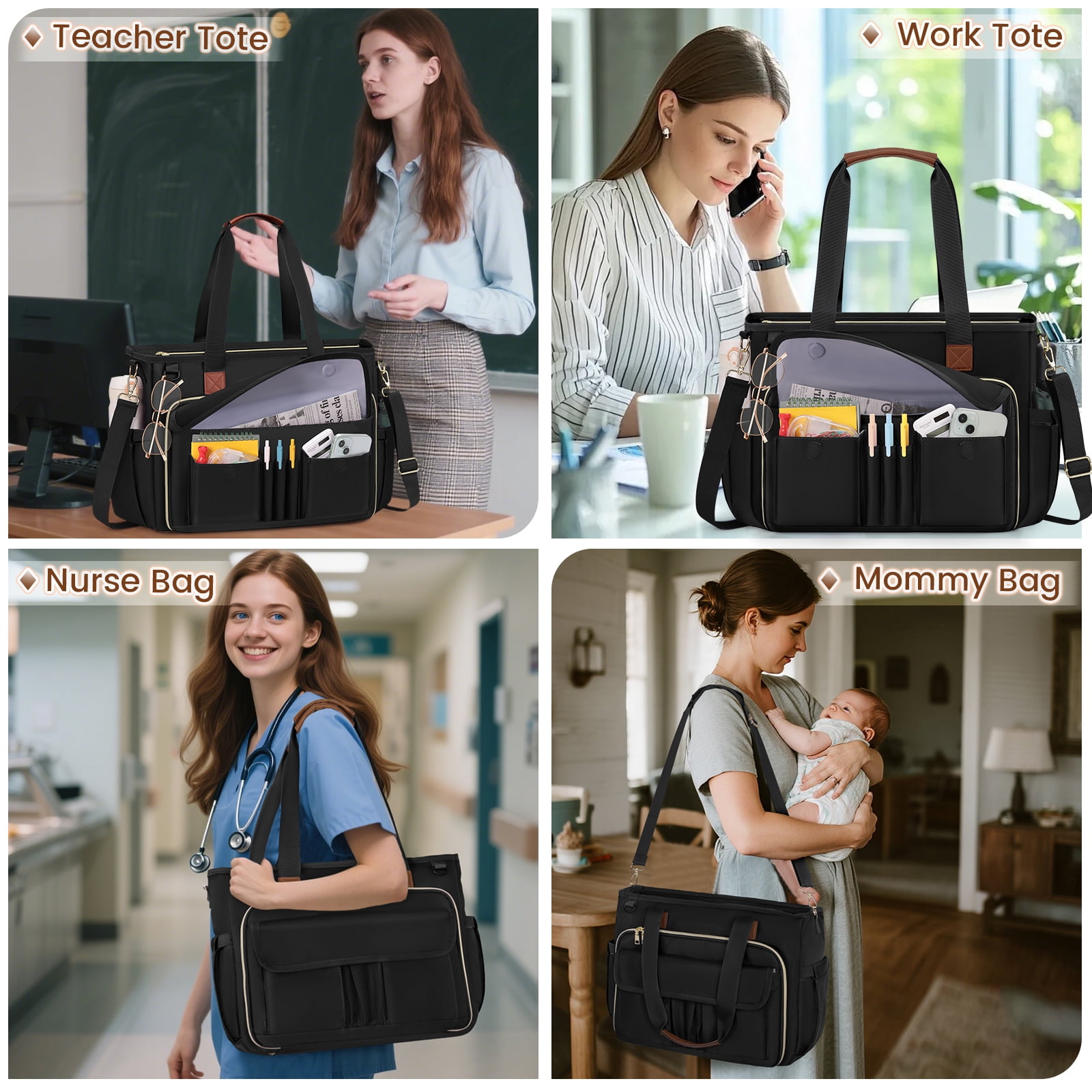 RAINSMORE Teacher Tote Bag 15.6 inch Laptop Bag for Women Work Bags Nurse Bag Lightweight Laptop Tote Computer Briefcase