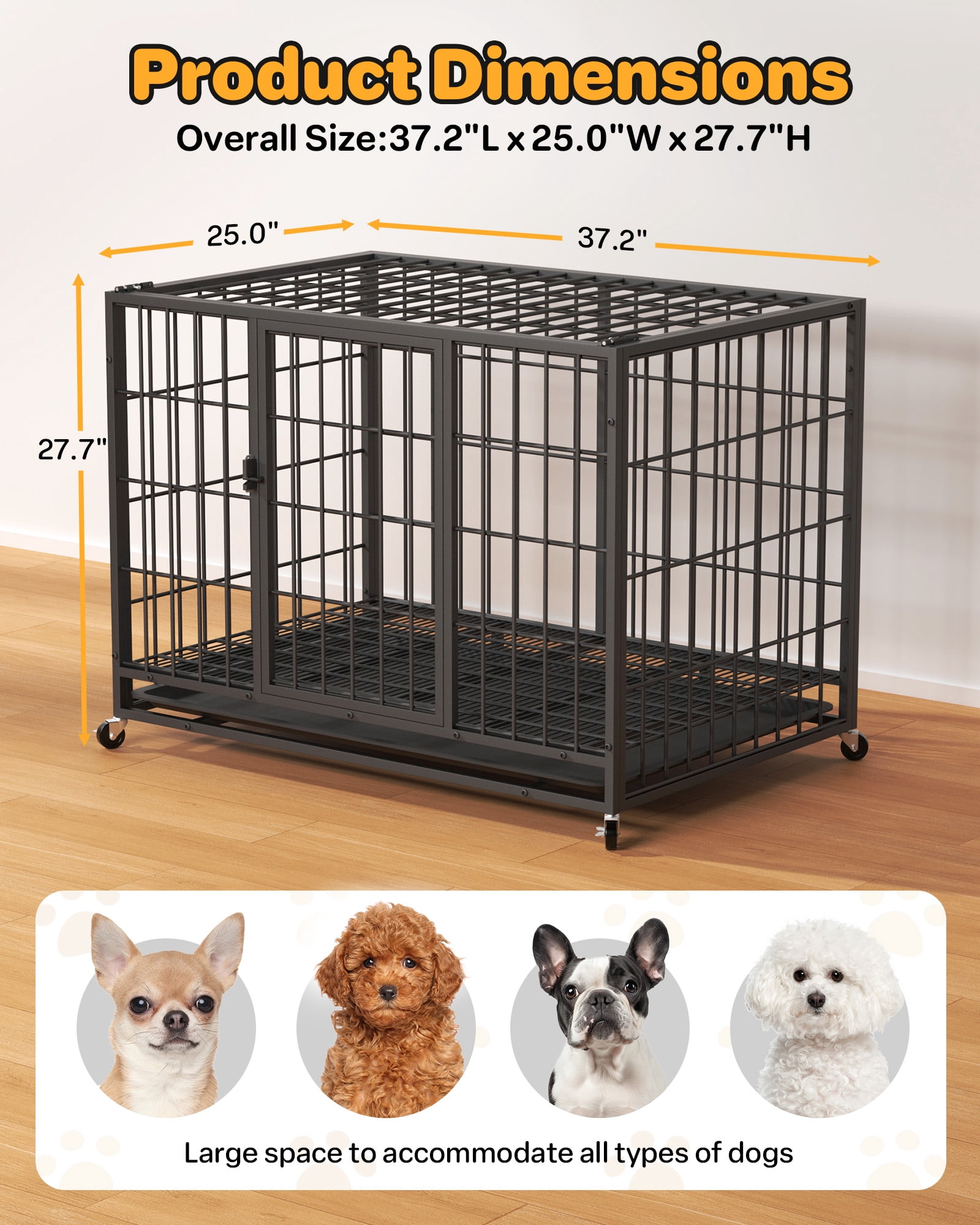 TIME RAY 38" Metal Wire Dog Crate for Large Dogs with Tray and Double Door, Dog Cage for Yard Indoor Outdoor Use,XL Dog Cage Kennel,Black