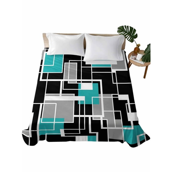 Twin Flat Sheet 66"x96", Teal Blue Black Geometric Soft Lightweight Bedding Flat Sheets Only, Modern Abstract Art Block Brushed Microfiber Top Bed Sheet, Breathable StainResistant Bedsheets