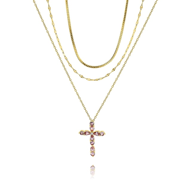 JeenMata Paquete Múltiple de Regalo con 3 Colgantes de Cruz de Piedra Rosa Radiante para una Elegancia con Estilo - Paquete Múltiple de Joyas - Paquete de Collares Llamativos Variados