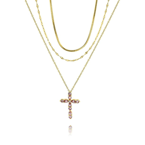 JeenMata Paquete Múltiple de Regalo con 3 Colgantes de Cruz de Piedra Rosa Radiante para una Elegancia con Estilo - Paquete Múltiple de Joyas - Paquete de Collares Llamativos Variados