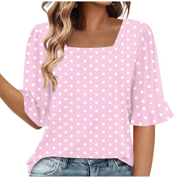 AVTOIFY Summer Womens Blouses Dressy Casual, Women's Fashion Summer Printed Short Sleeve Round-Neck Blouses Top Pink XL