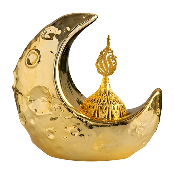 Moon Incense Burner, Golden Elegant Ceramic Aroma Diffuser, Handheld Incense Holders with Lid, Middle Eastern Craft Incense Censer for Home Decor, Stress Relief, Air Purification