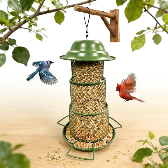 Ukmk Bird Feeder, 3-Tier Mesh Squirrel-Proof Hanging Wild Bird Feeder with Perch & Seed Tray, Weatherproof for Outdoor Garden Yard