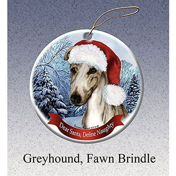 Holiday Pet Gifts Greyhound, Fawn Brindle Santa Hat Dog Porcelain Ornament