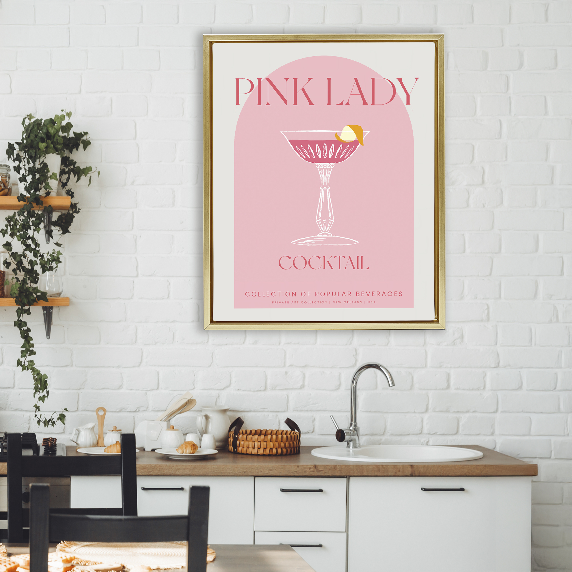 Stylish Retro Pink Lady Gold Framed Floater Canvas Wall Art, design by Lil' Rue
