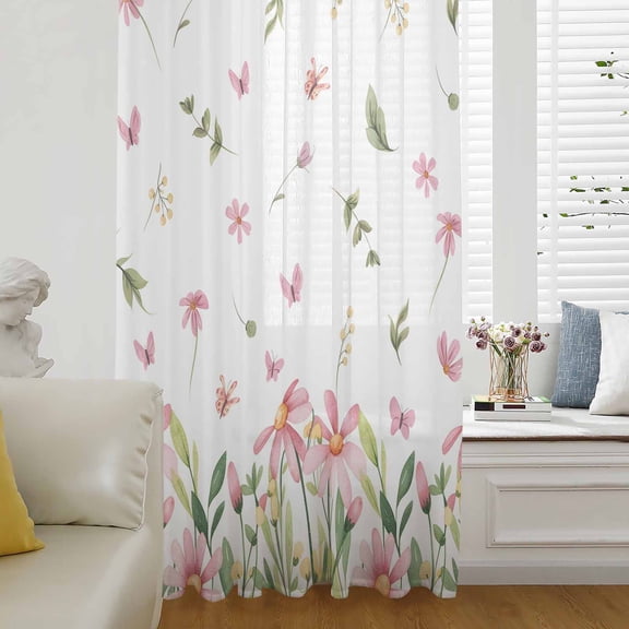 Pink Spring Floral Semi Sheer Curtains Drapes for Living Room, Bedroom, French Doors Window 54 Inches Long, Pastoral Flowers Farmhouse Rod Pocket Chiffon Curtain Drapery Voile Draperies Panel