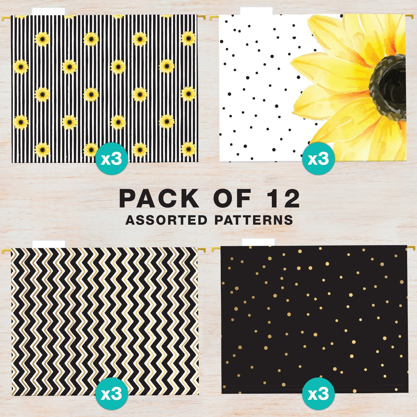 Global Printed Products Sunflower Prints Letter Hanging File Folders, Yellow, 12 Pack